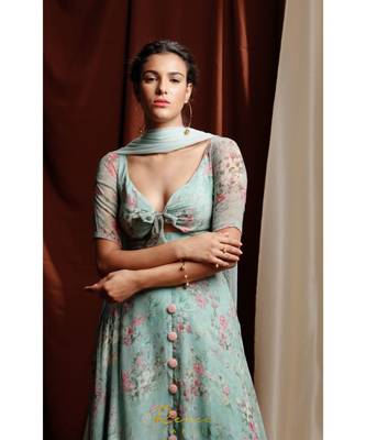 turquoise embroidered georgette readymade lehenga cholis 5