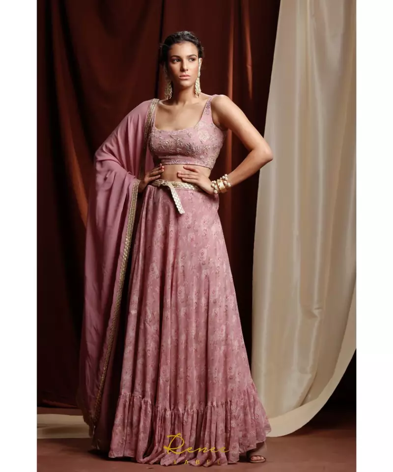 pink embroidered georgette readymade lehenga cholis