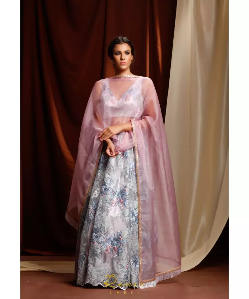 blue embroidered net readymade lehenga cholis