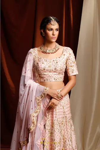 pink embroidered silk readymade lehenga cholis