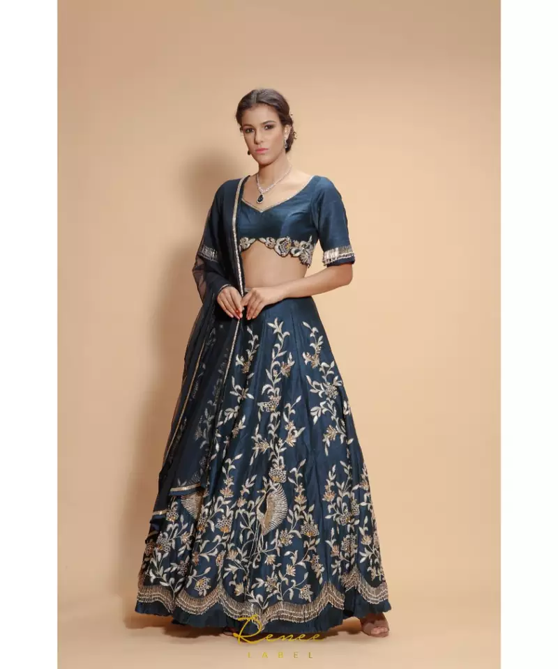blue embroidered silk readymade lehenga cholis