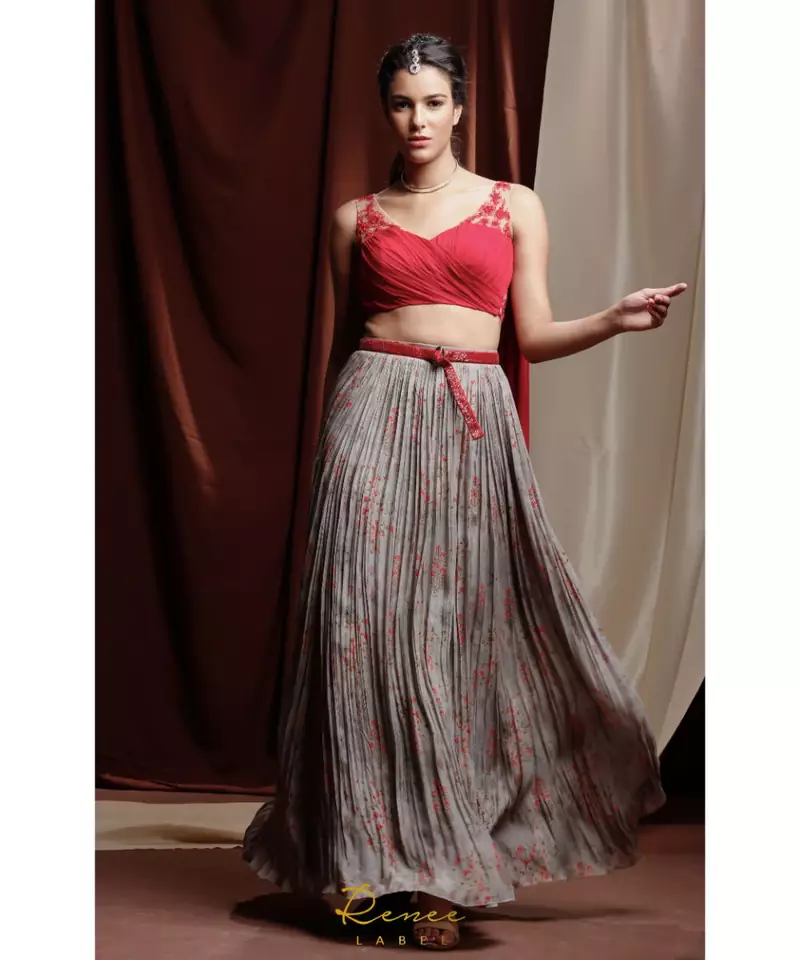 grey embroidered georgette readymade lehenga cholis
