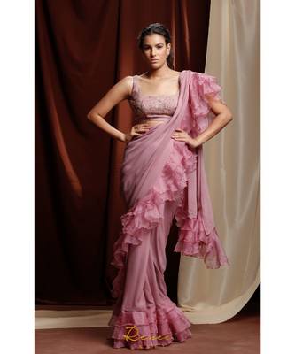 pink plain georgette saree with blouse 1
