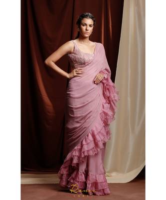 pink plain georgette saree with blouse 2