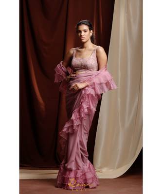 pink plain georgette saree with blouse 3