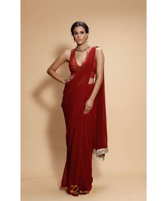 maroon plain georgette saree with blouse 1