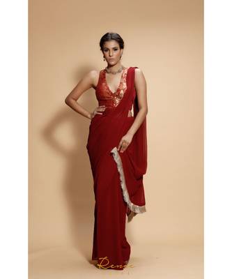 maroon plain georgette saree with blouse 2