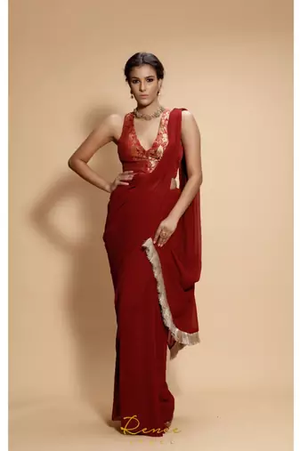 maroon plain georgette saree with blouse