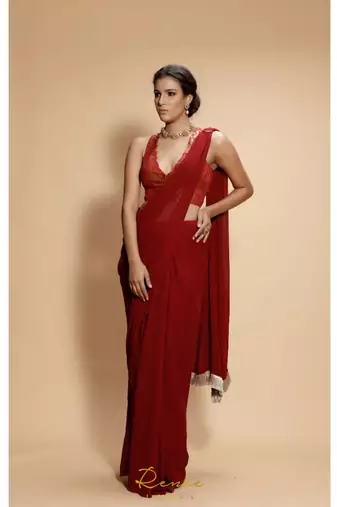 maroon plain georgette saree with blouse