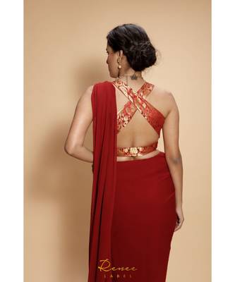 maroon plain georgette saree with blouse 5