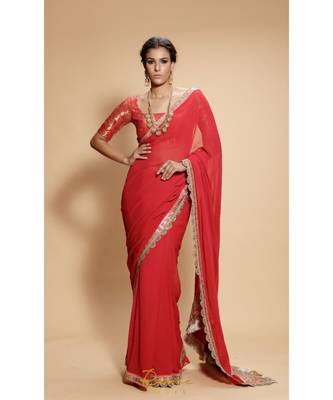 red plain georgette saree with blouse 1