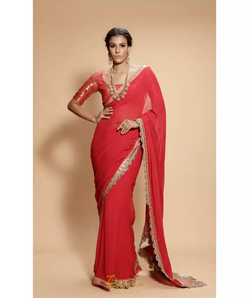 red plain georgette saree with blouse