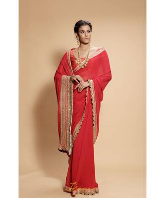 red plain georgette saree with blouse 2