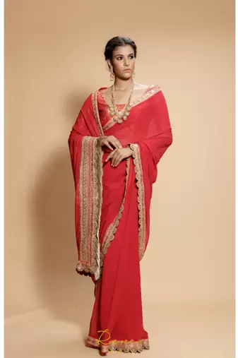 red plain georgette saree with blouse