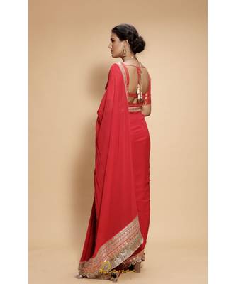 red plain georgette saree with blouse 3