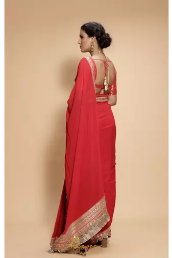 red plain georgette saree with blouse