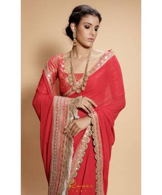 red plain georgette saree with blouse 4