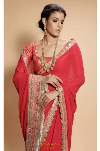 red plain georgette saree with blouse