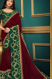 Maroon Embroidered Silk Blend Saree With Blouse