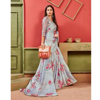 Grey printed satin saree with blouse 1