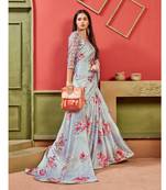 Grey printed satin saree with blouse