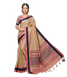 Women's Cotton Blend Beige Woven Design Designer Saree With Blouse Piece