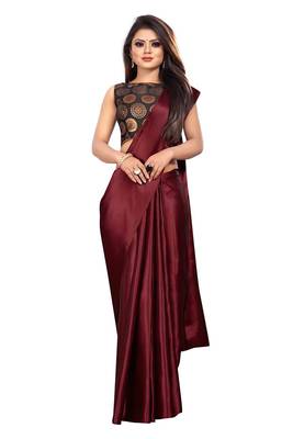 Maroon plain satin saree with blouse 1