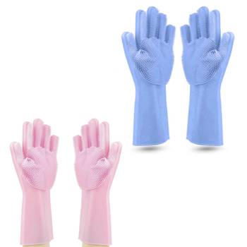 Silicon Washable Cleaning Gloves Combo 1 Pair of Pink And 1 Pair of  Light Blue multi use Scrubbing Gloves(2 Pack of ) 1