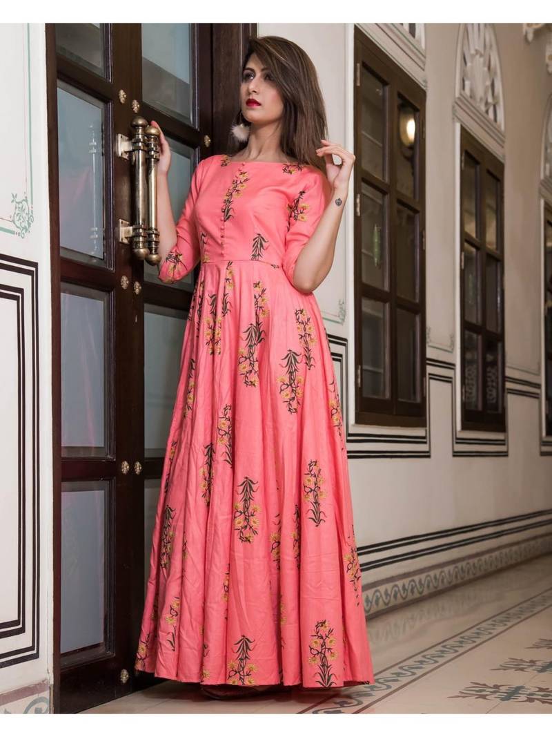 Pink Resham embroidered printed party wear kurti for women