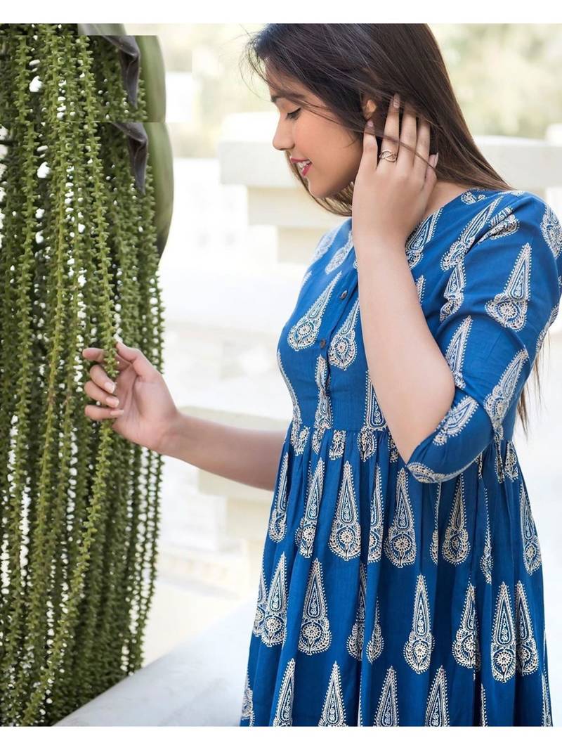 blue Resham embroidered printed party wear kurti for women