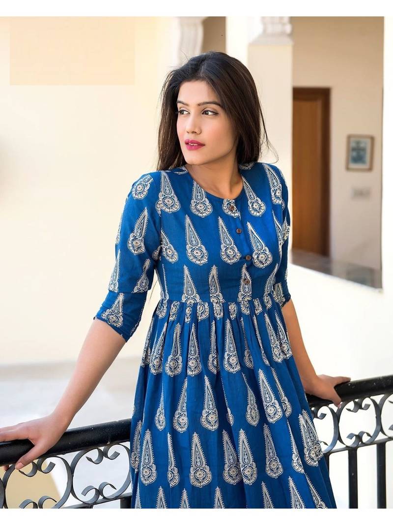 blue Resham embroidered printed party wear kurti for women