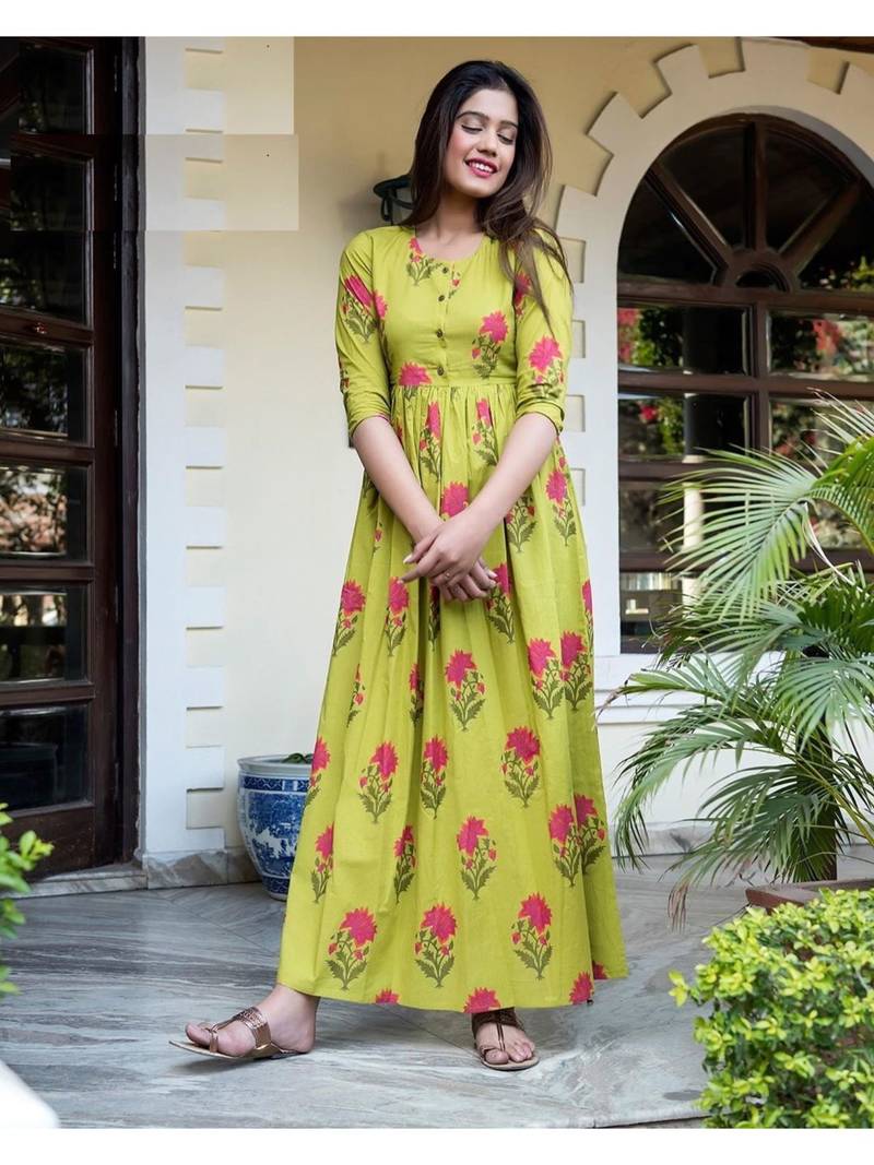 Green Resham embroidered printed party wear kurti for women