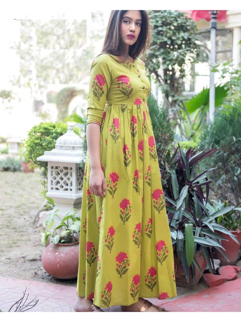Green Resham embroidered printed party wear kurti for women