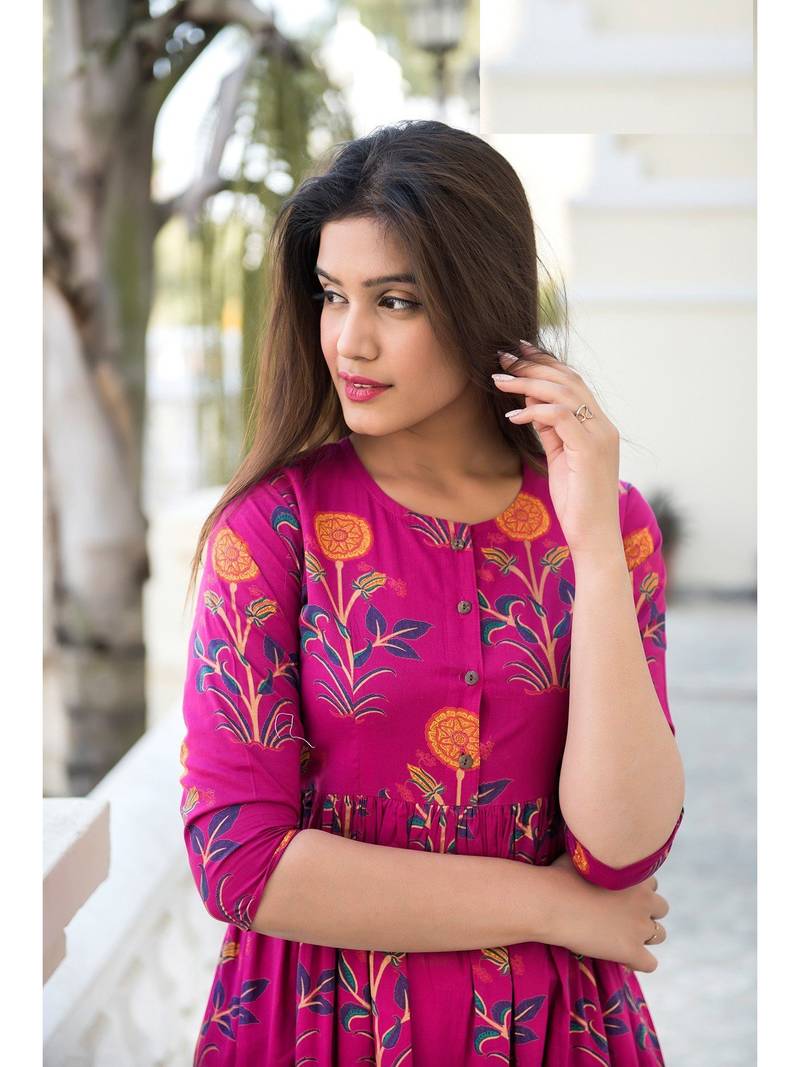 Pink Resham embroidered printed party wear kurti for women