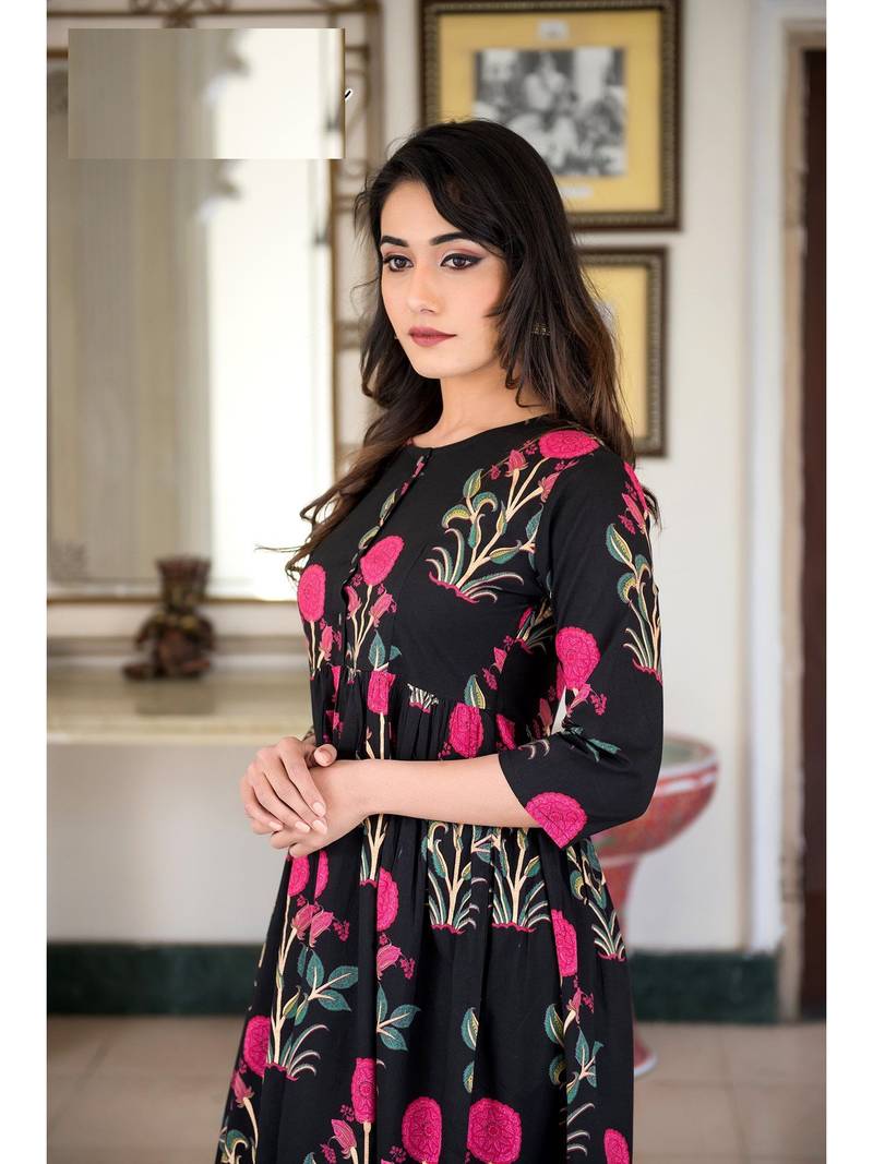 Black Resham embroidered printed party wear kurti for women
