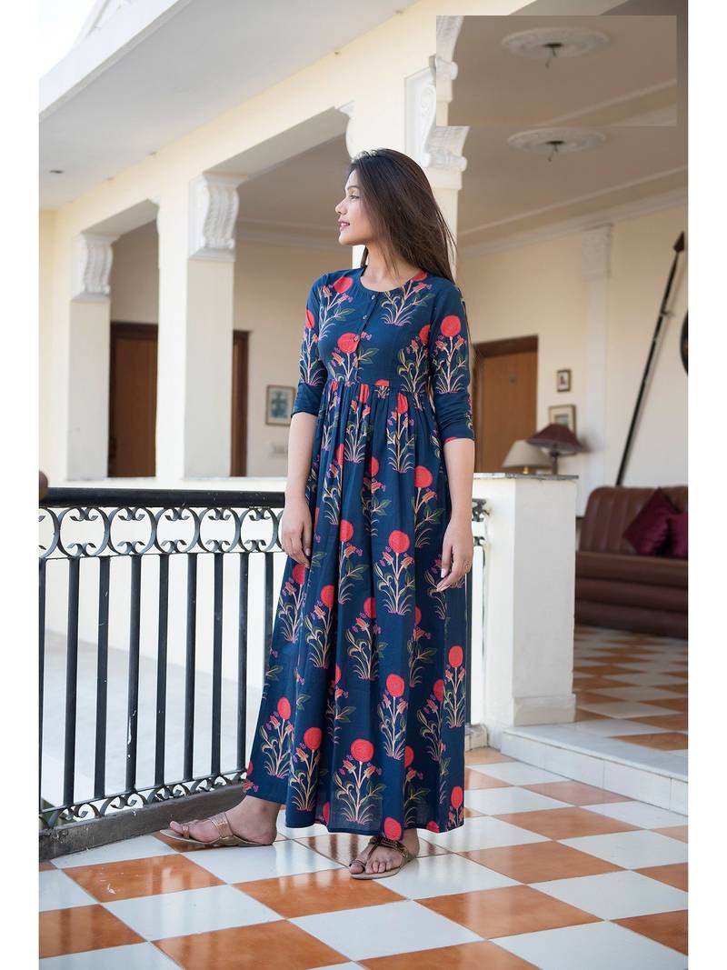 green Resham embroidered printed party wear kurti for women