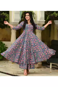 Blue Resham embroidered printed party wear kurti for women
