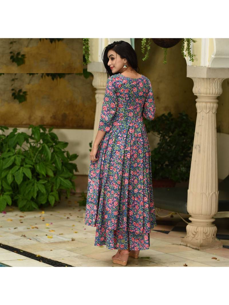 Blue Resham embroidered printed party wear kurti for women