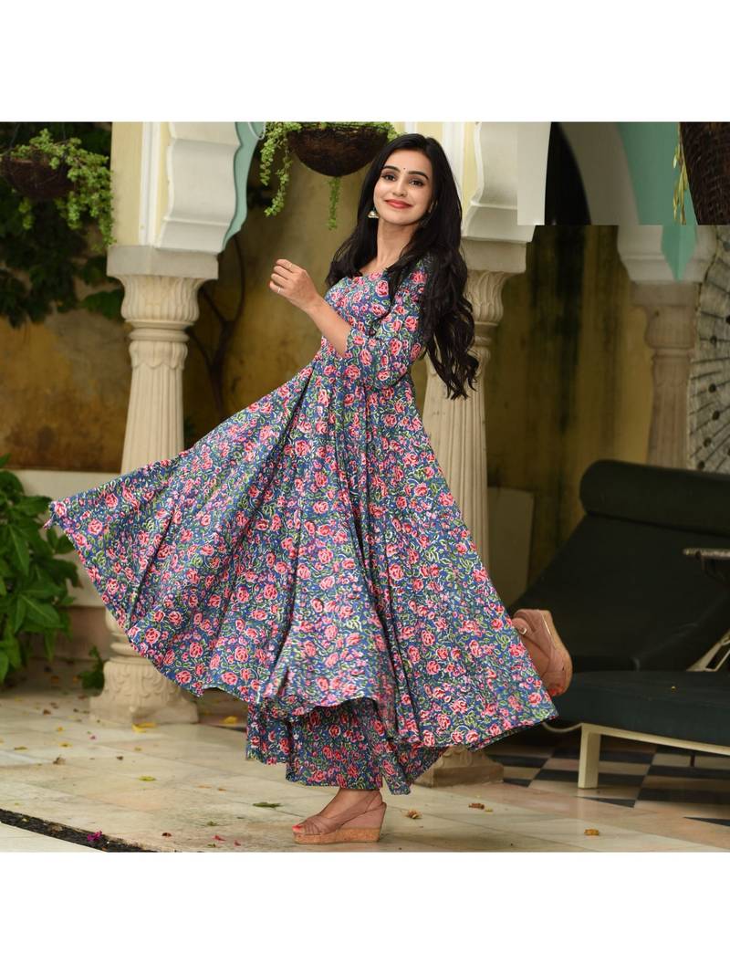 Blue Resham embroidered printed party wear kurti for women