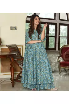 Blue Resham embroidered printed party wear kurti for women