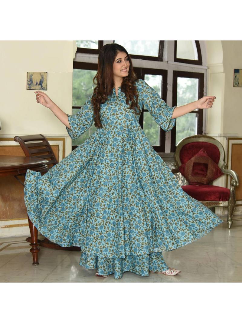 Blue Resham embroidered printed party wear kurti for women