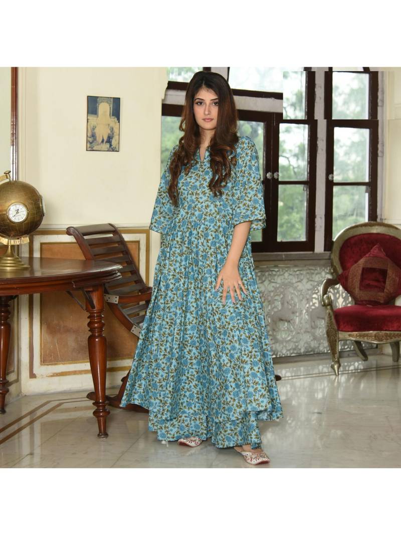 Blue Resham embroidered printed party wear kurti for women