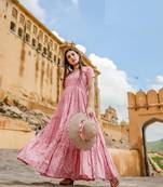 Pink Resham embroidered printed party wear kurti for women