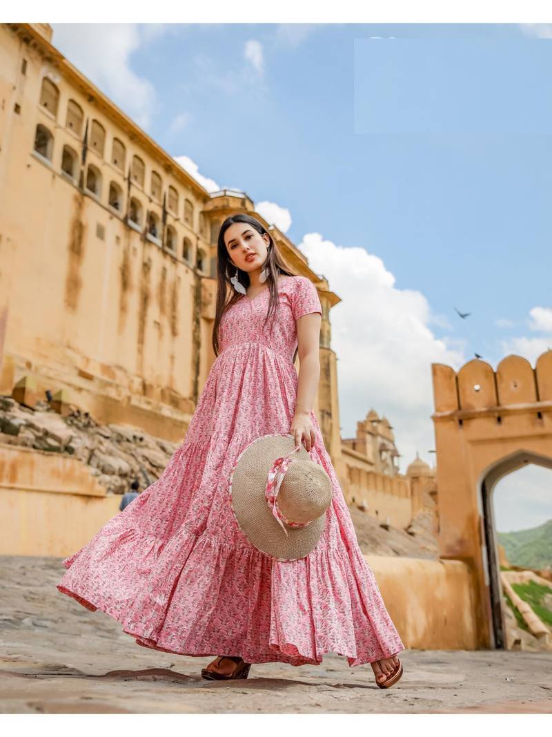 Pink Resham embroidered printed party wear kurti for women