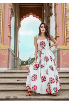 Off White Resham embroidered printed party wear kurti for women