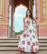 Off White Resham embroidered printed party wear kurti for women