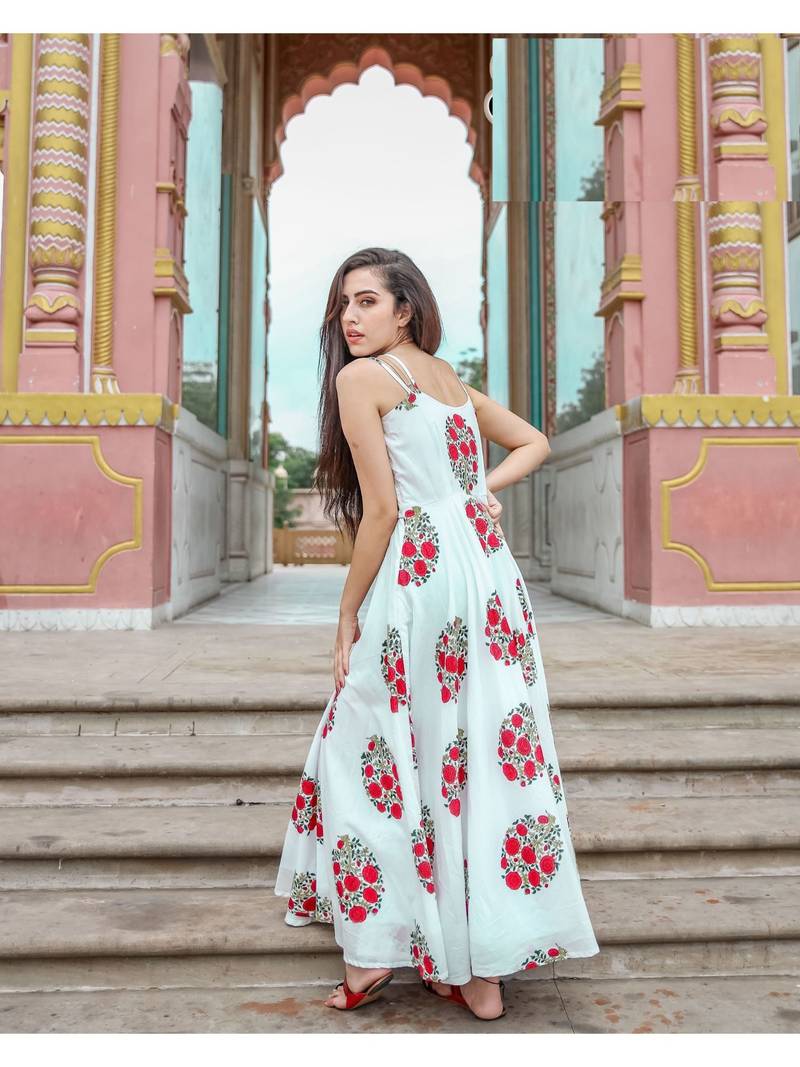 Off White Resham embroidered printed party wear kurti for women