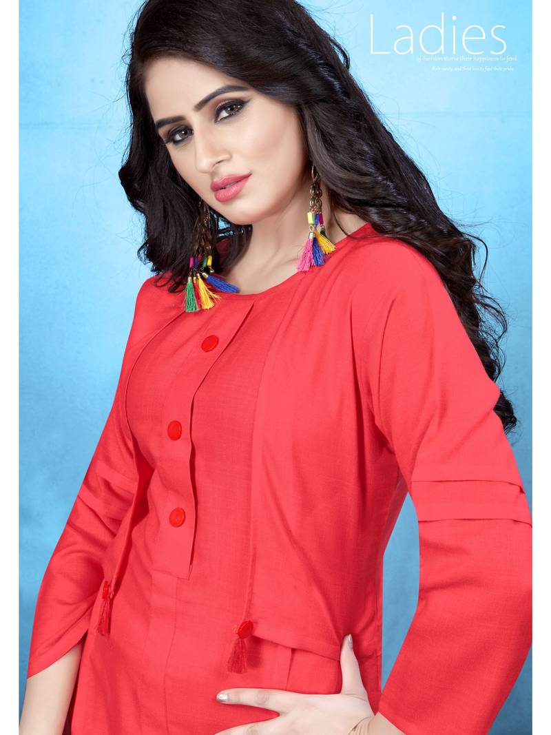 Peach Resham embroidered printed party wear kurti for women