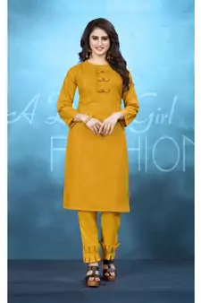 Mustard Resham embroidered printed party wear kurti for women