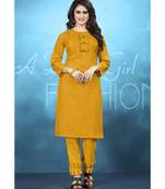 Mustard Resham embroidered printed party wear kurti for women